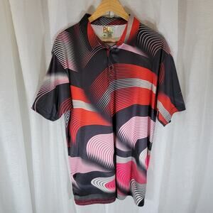PLG Golf Polo Shirt Men XL Black Red Abstract Performance Lightweight Breathable